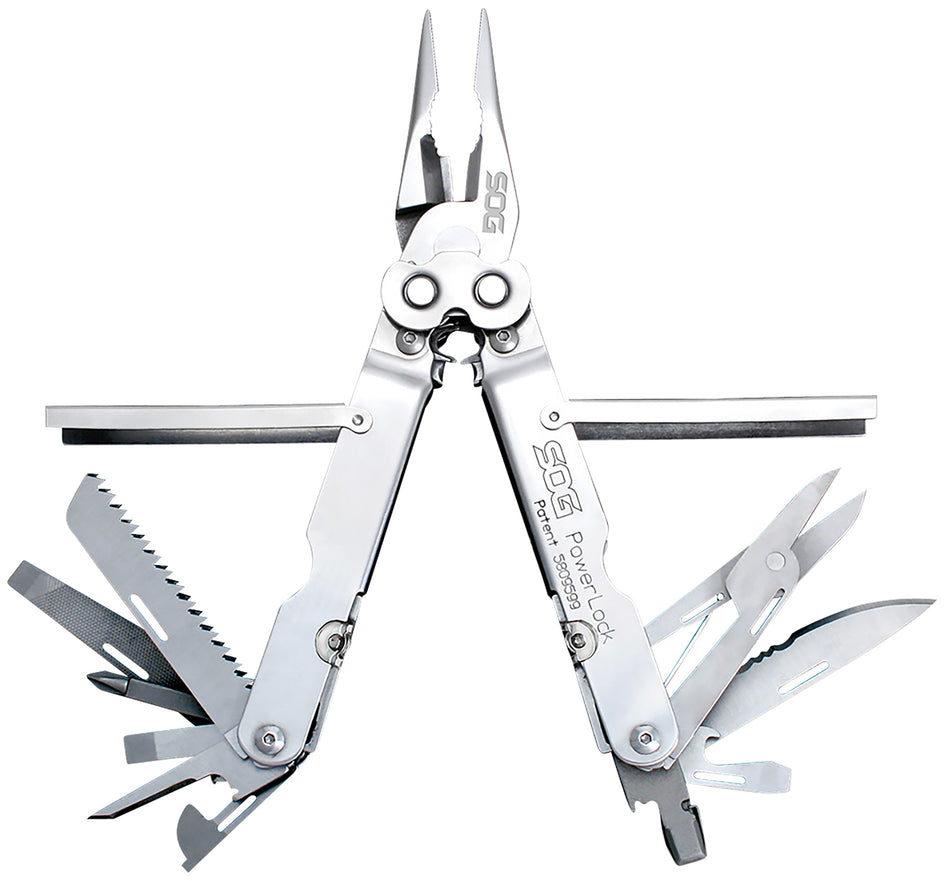 SOG PowerLock Polished 420 Stainless Steel EDC Multi-Tool 7" Long 18 Tools with Nylon Sheath