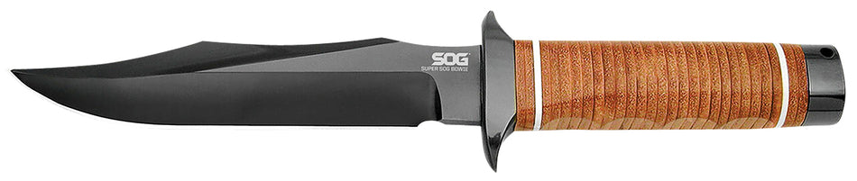 SOG Super SOG Bowie 7.50" Fixed Blade Black Hardcased AUS-8A SS Knife with Cross Guard Leather Handle and Sheath