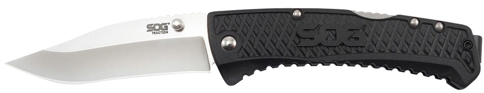 SOG Traction 3.50" Folding Clip Point Knife with Satin 5Cr13MoV Blade, Lockback Mechanism, and Textured GRN Handle