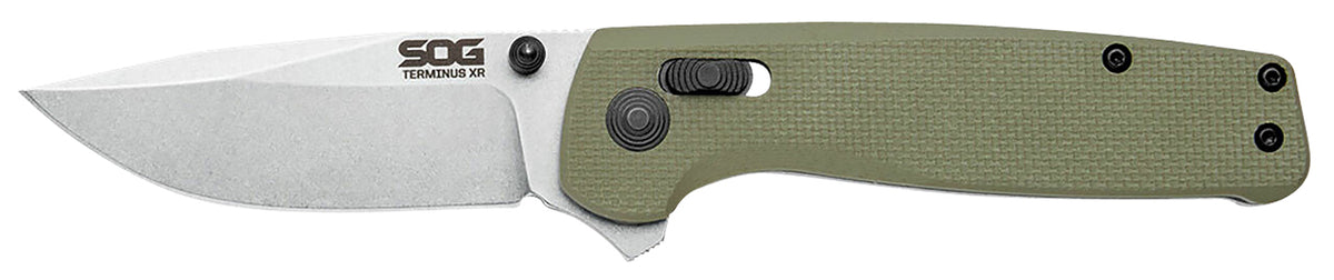 SOG Terminus XR 2.95" Folding Plain Clip Point Stonewashed BD1 Blade Olive Drab G10 Handle Includes Box and Pocket Clip