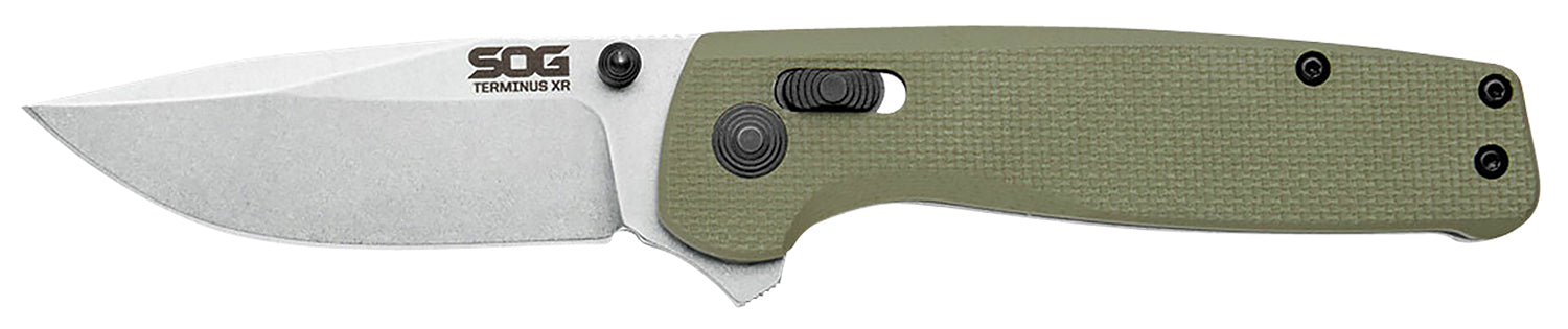 SOG Terminus XR 2.95" Folding Plain Clip Point Stonewashed BD1 Blade Olive Drab G10 Handle Includes Box and Pocket Clip