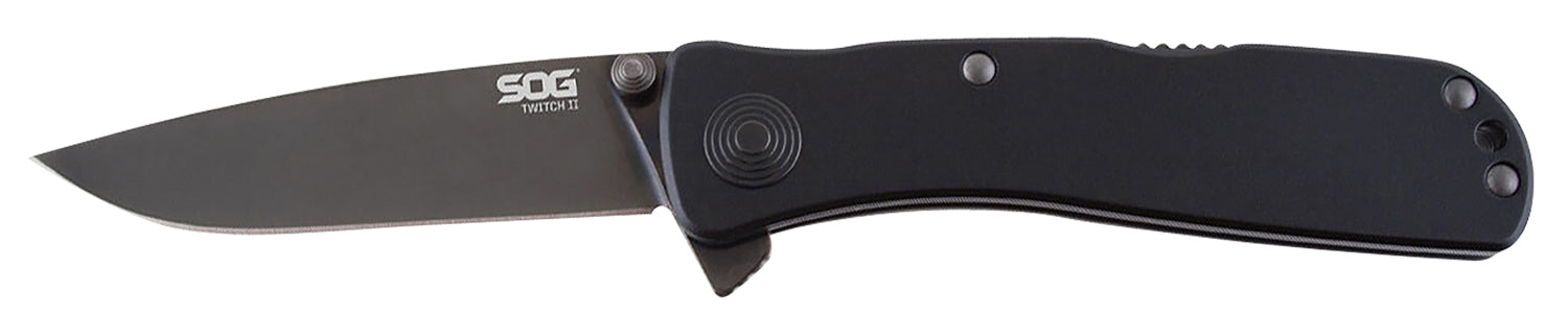 SOG Twitch II 2.65" Folding Plain Black Hardcased AUS-8A Blade Black Aluminum Handle with Dual Thumb Studs and Pocket Clip