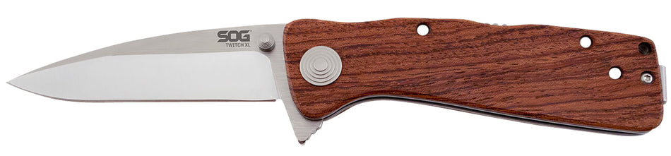 SOG Twitch II 2.65" Folding Drop Point Plain Satin AUS-8A Stainless Blade Brown Rosewood Handle with Dual Thumb Studs