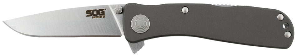 SOG Twitch II Assisted Opening Folder 2.65" Plain Satin AUS-8A Stainless Blade Gray Aluminum Handle Belt Clip Included