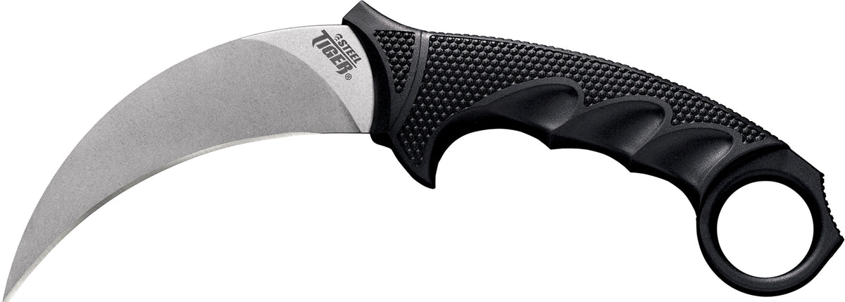 Cold Steel Steel Tiger CS49KST 4.75" Fixed Plain Stone Washed AUS-8A SS Blade Black Griv-Ex Kray-Ex Handle w/Finger Ring