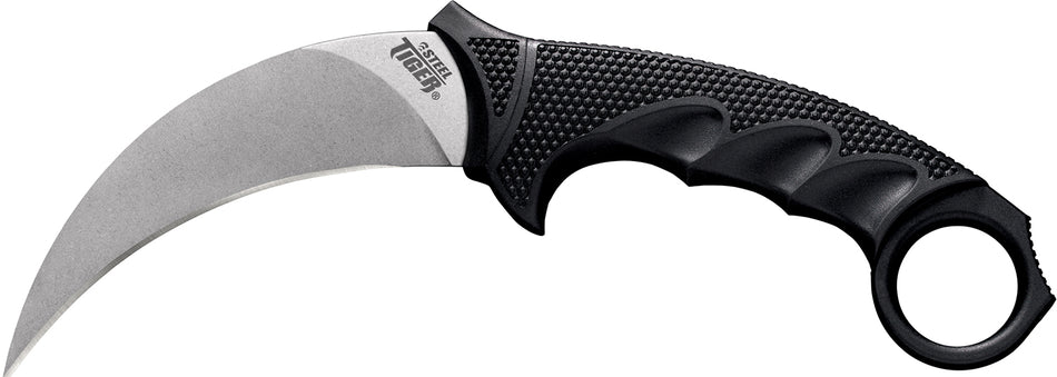 Cold Steel Steel Tiger CS49KST 4.75" Fixed Plain Stone Washed AUS-8A SS Blade Black Griv-Ex Kray-Ex Handle w/Finger Ring