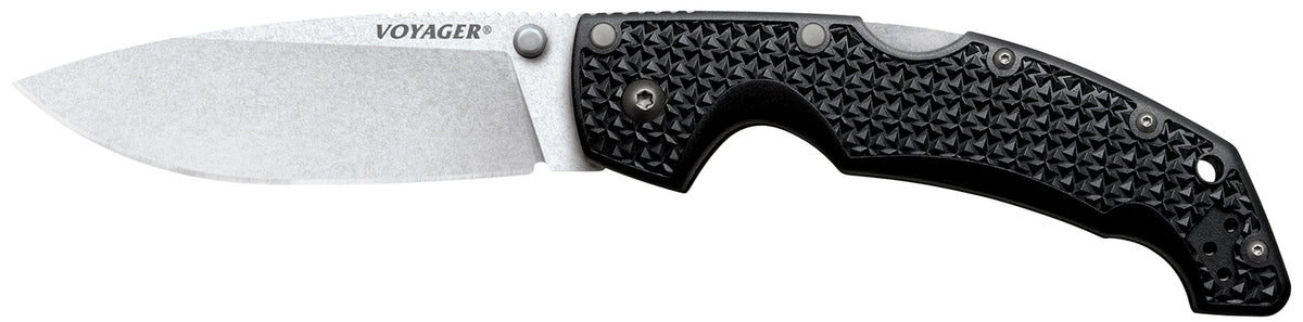 Cold Steel Voyager Large 4" Folding Plain Stone Washed AUS-10A Drop Point Blade Black Textured Griv-Ex Handle