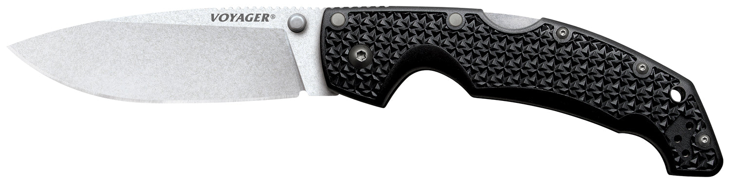 Cold Steel Voyager Large 4" Folding Plain Stone Washed AUS-10A Drop Point Blade Black Textured Griv-Ex Handle