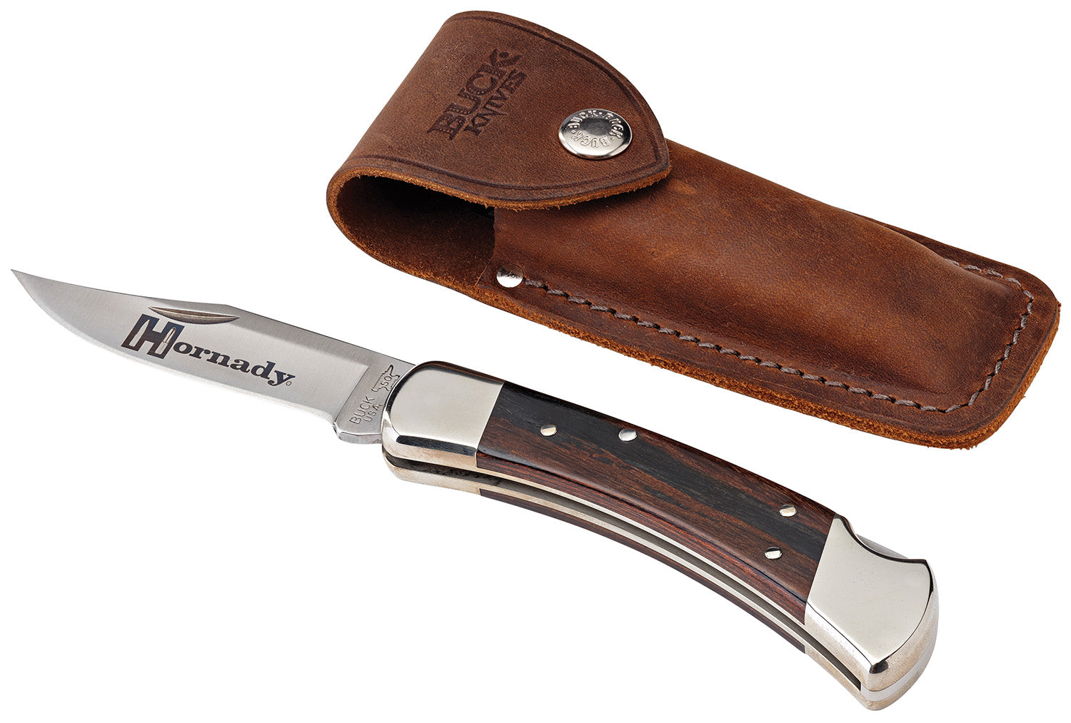 Buck 110 Folding Hunter Plain Blade 420HC Stainless Steel Nickel Plated Bolsters Macassar Ebony Handle