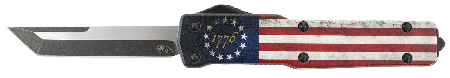 Templar Knife MZBRF221 Betsy Ross Flag Slim OTF Tanto Premium Weighted Stonewashed D2 Steel Blade with Flag Aluminum Handle