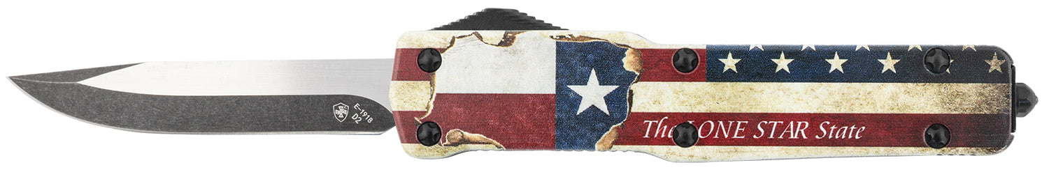 Templar Knife MZTX321 Slim Texan OTF Premium Weighted Drop Point Stonewashed D2 Steel Blade with Lone Star Aluminum Handle