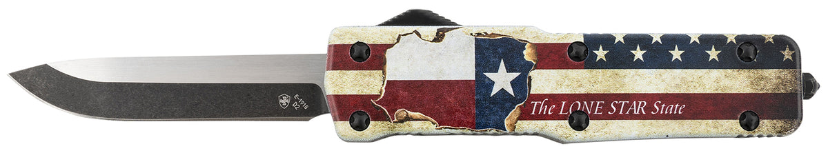 Templar Knife SZTX321 Small Texan OTF Premium Weighted Drop Point Stonewashed D2 Steel Blade with Lone Star Aluminum Handle