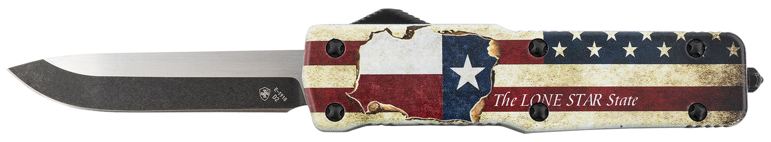 Templar Knife SZTX321 Small Texan OTF Premium Weighted Drop Point Stonewashed D2 Steel Blade with Lone Star Aluminum Handle