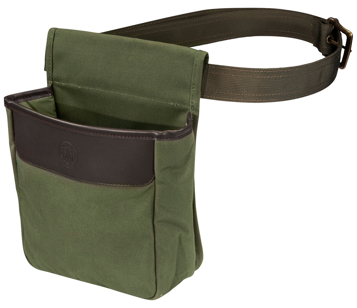 Beretta 50rd Waxwear Green Cotton Shell Pouch with Leather Trim, Waterproof Treatment