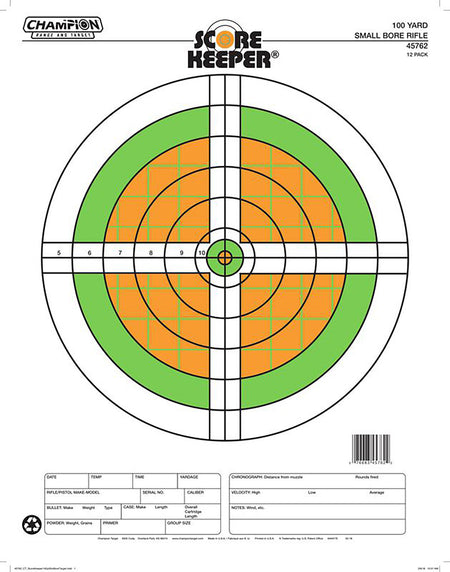 Champion 12-Pack Score Keeper Fluorescent Sight-In Bullseye Paper Target 100 yds Small Bore Rifle