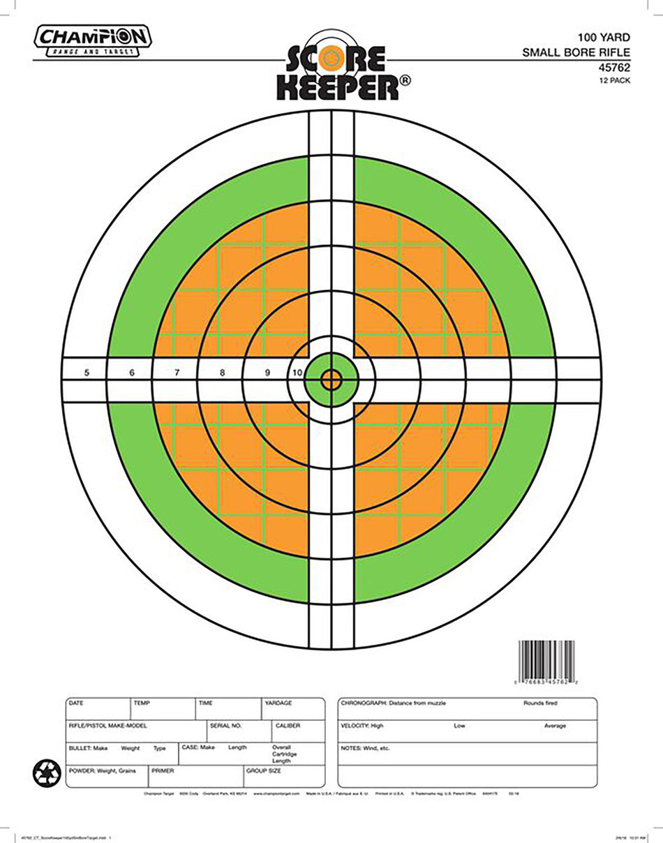 Champion 12-Pack Score Keeper Fluorescent Sight-In Bullseye Paper Target 100 yds Small Bore Rifle