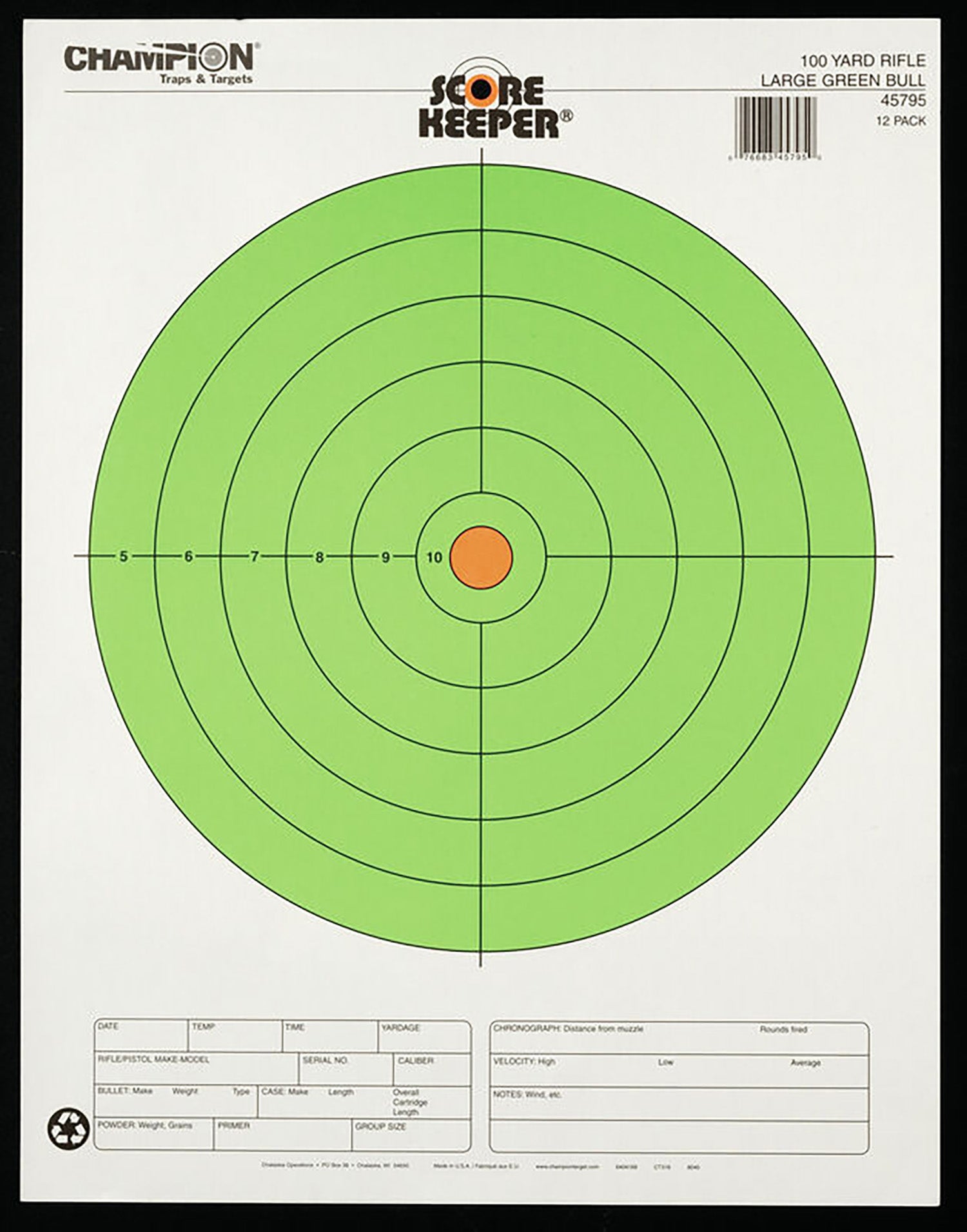 Champion 12-Pack Score Keeper Fluorescent Bullseye Large Rifle Paper Target 100 Yards