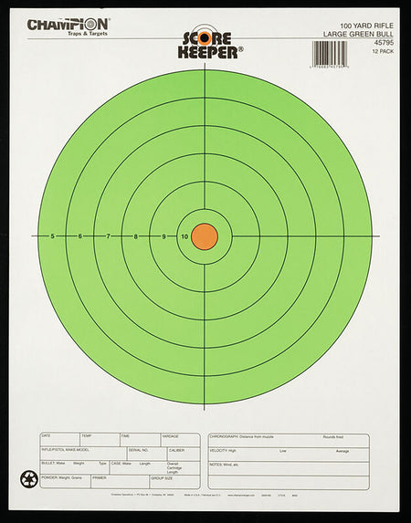 Champion 12-Pack Score Keeper Fluorescent Bullseye Large Rifle Paper Target 100 Yards