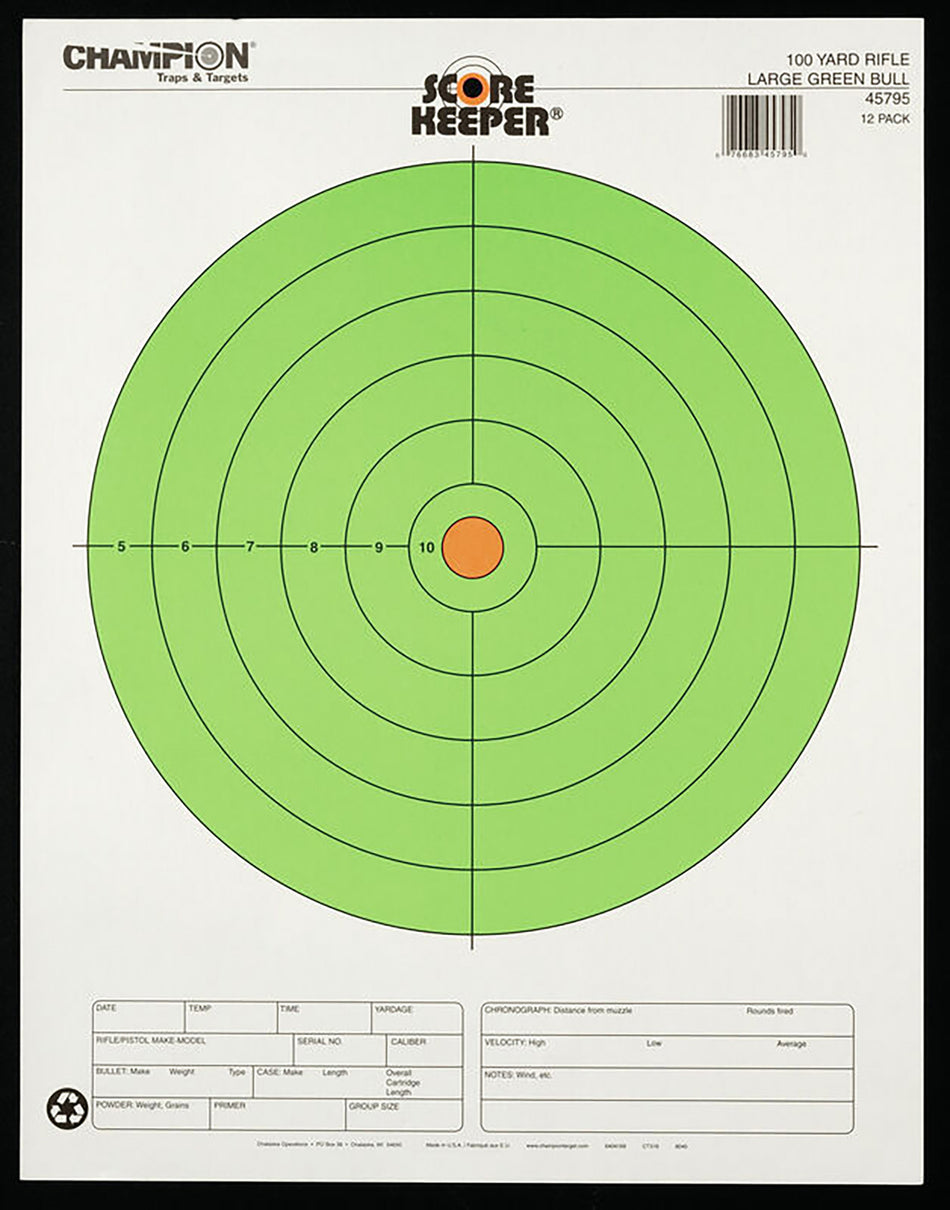 Champion 12-Pack Score Keeper Fluorescent Bullseye Large Rifle Paper Target 100 Yards
