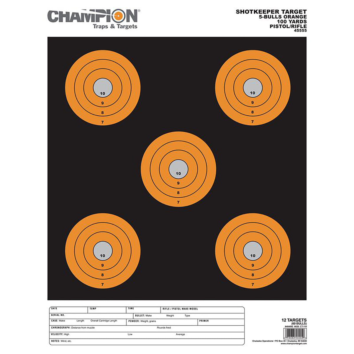 Champion Shotkeeper 45555 Pistol/Rifle Paper Target Black/Orange 5" Bullseye Large 12-Pack