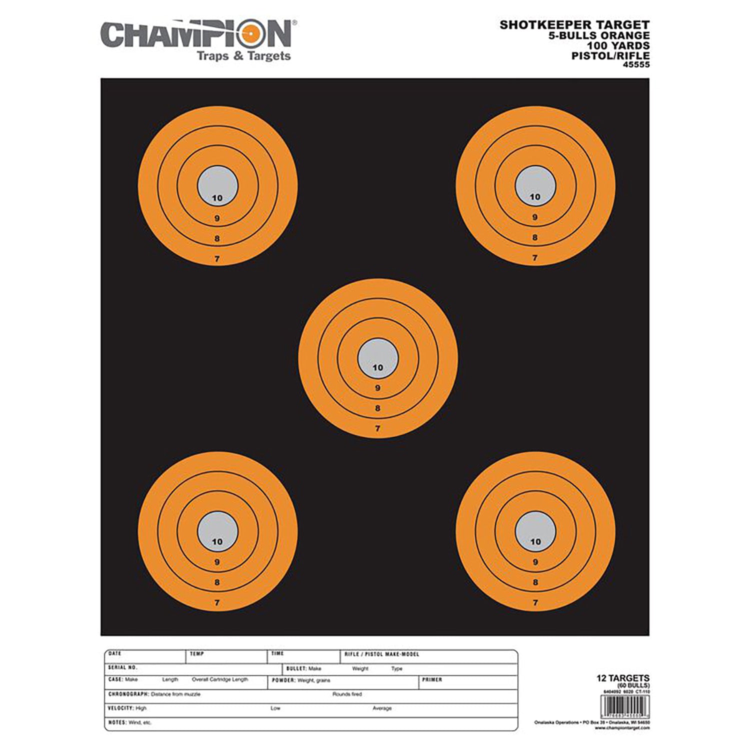 Champion Shotkeeper 45555 Pistol/Rifle Paper Target Black/Orange 5" Bullseye Large 12-Pack