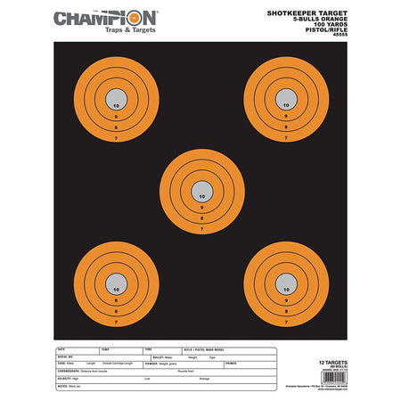 Champion Shotkeeper 45555 Pistol/Rifle Paper Target Black/Orange 5" Bullseye Large 12-Pack