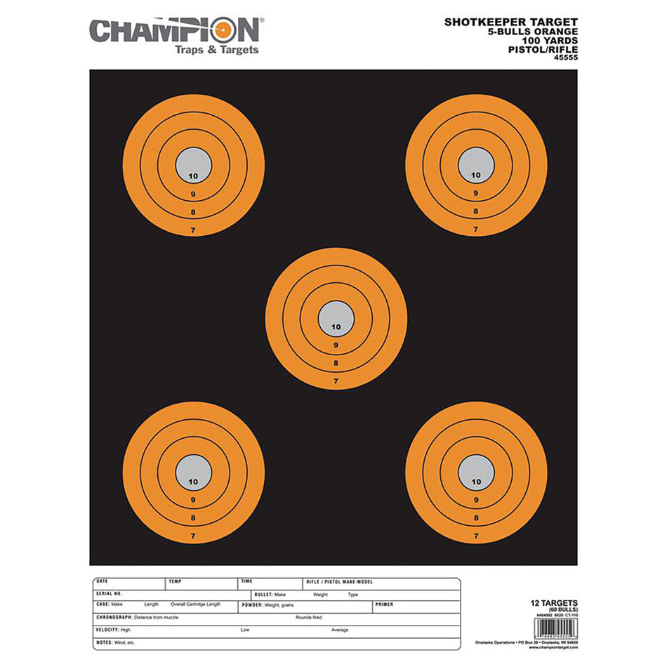 Champion Shotkeeper 45555 Pistol/Rifle Paper Target Black/Orange 5" Bullseye Large 12-Pack