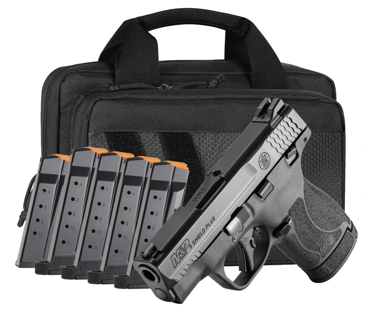 Smith & Wesson 14750 M&P Shield Plus Bundle Micro-Compact 9mm Luger 13+1, 3.10" Black Armornite Stainless Steel Barrel & Serrated Slide, Matte Black Polymer Frame, Thumb Safety, 6 Mags & Bag