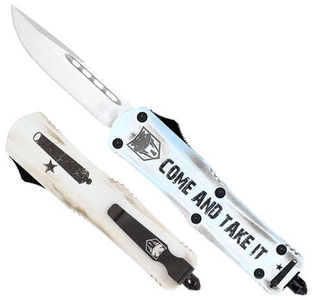 CobraTec FS-3 Small Come And Take It OTF Drop Point 3" D2 Blade White Cerakote Handle Includes Pocket Clip