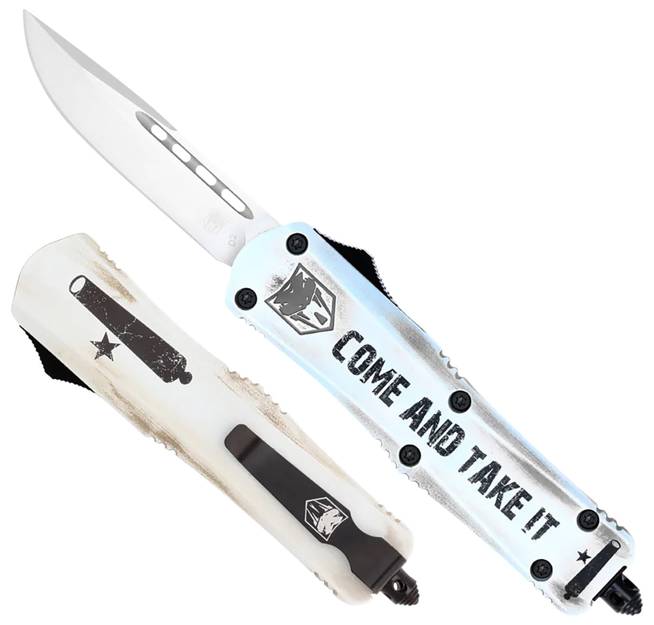 CobraTec FS-3 Small Come And Take It OTF Drop Point 3" D2 Blade White Cerakote Handle Includes Pocket Clip