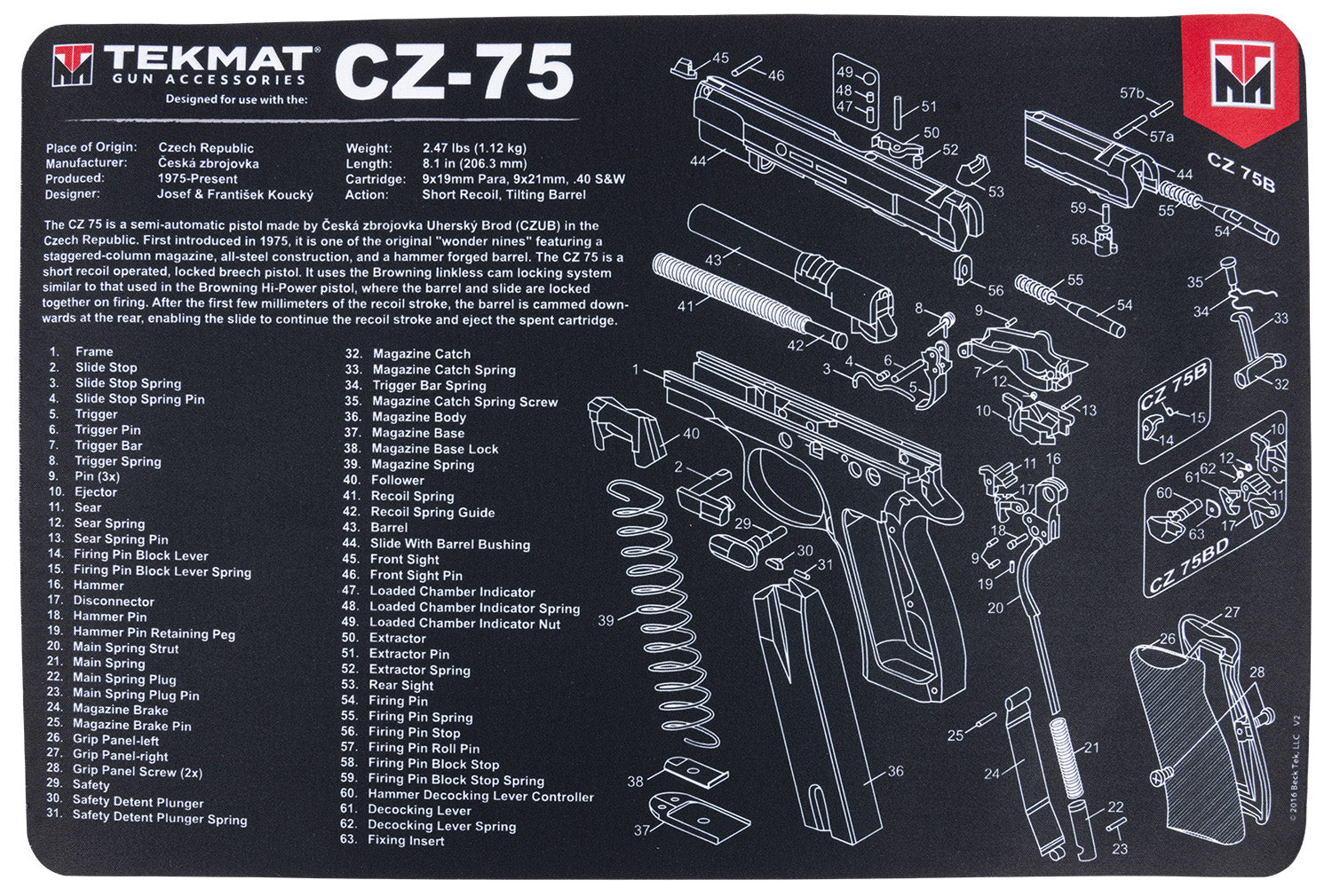 TekMat CZ-75 Padded Gun Cleaning Mat 11"x17" Rubber with Parts Diagram