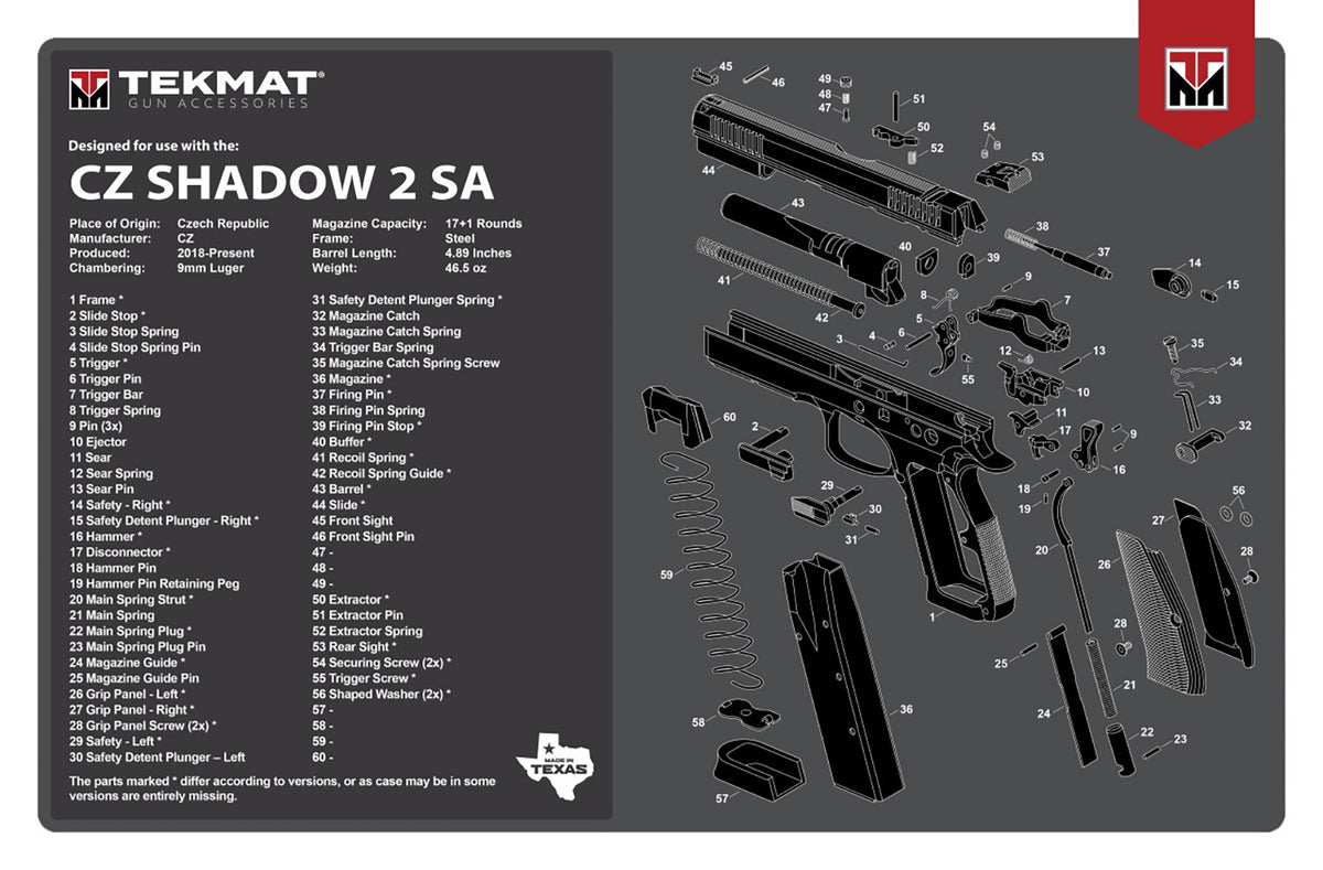 TekMat CZ Shadow 2 SA Padded Gun Cleaning Mat 11"x17" Rubber with Parts Diagram