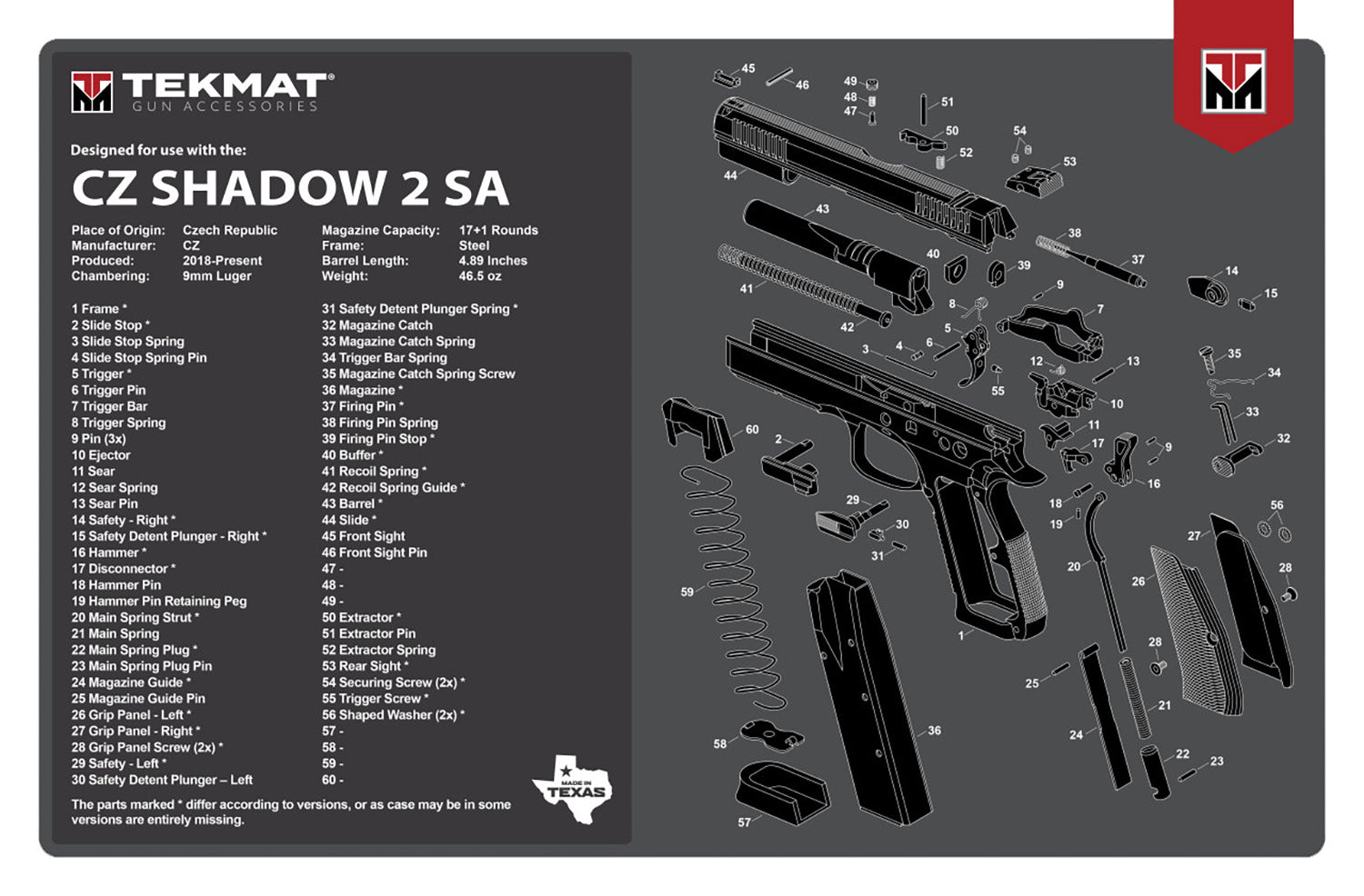 TekMat CZ Shadow 2 SA Padded Gun Cleaning Mat 11"x17" Rubber with Parts Diagram