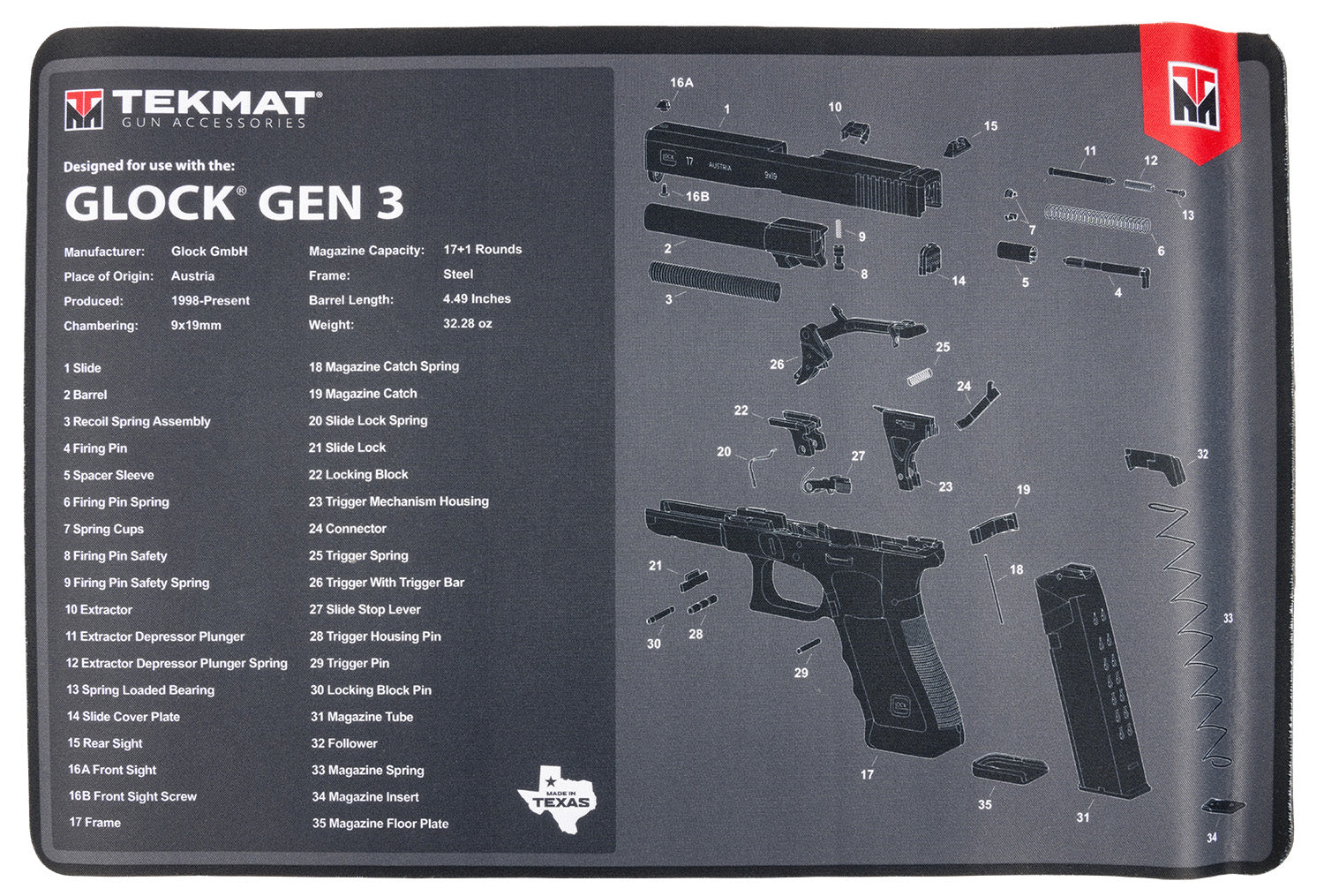 TekMat Glock Gen3 Padded Gun Cleaning Mat 11"x17" Rubber with Parts Diagram