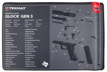 TekMat Glock Gen3 Padded Gun Cleaning Mat 11"x17" Rubber with Parts Diagram