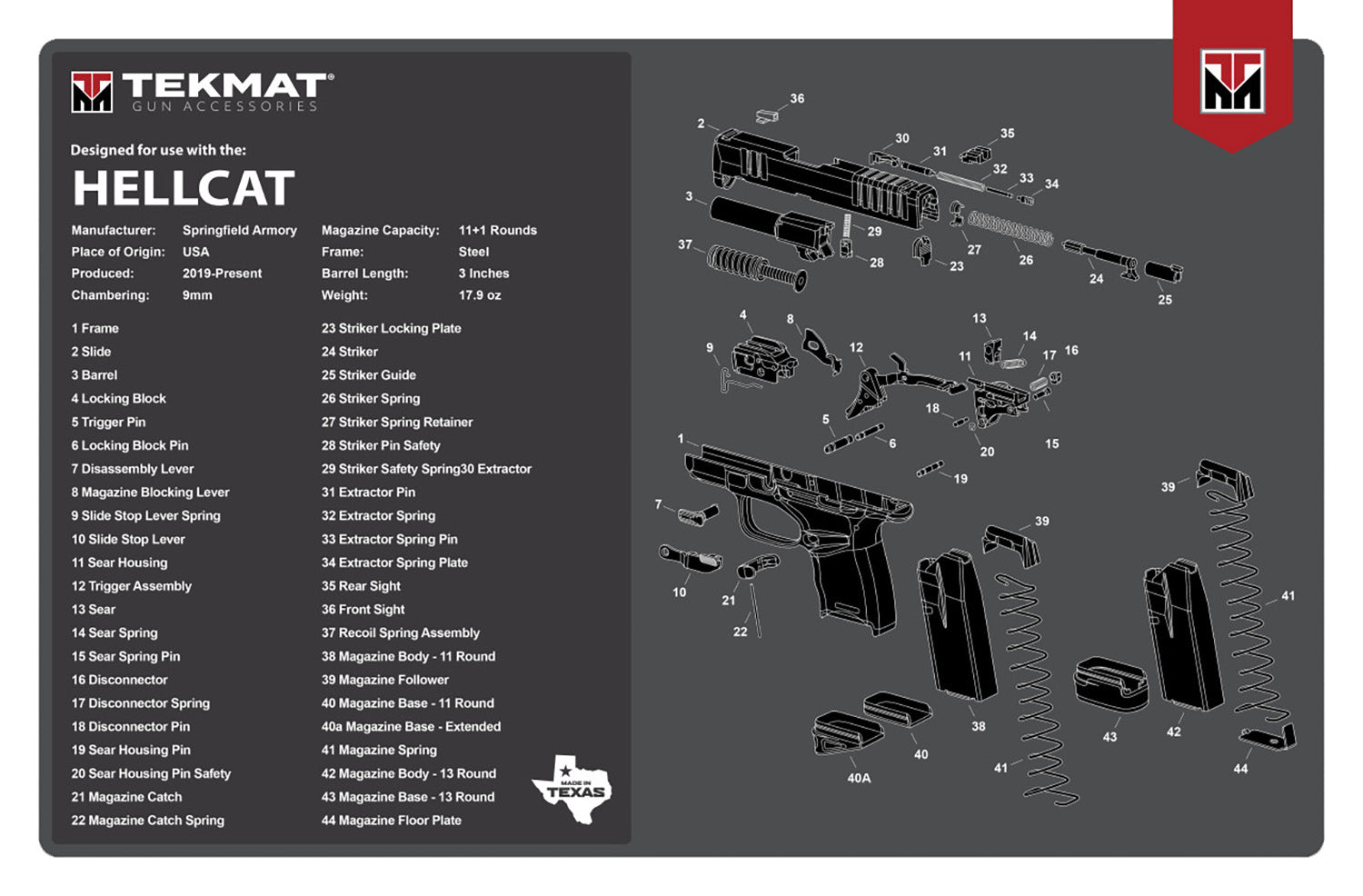 TekMat Hellcat Padded Gun Cleaning Mat 11"x17" Gray/White Rubber with Parts Diagram