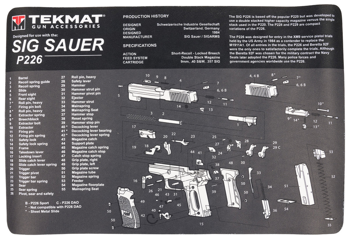 TekMat SIG P226 Padded Gun Cleaning Mat 11"x17" Gray/White Rubber with Parts Diagram