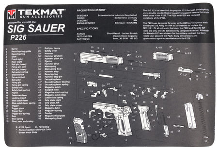 TekMat SIG P226 Padded Gun Cleaning Mat 11"x17" Gray/White Rubber with Parts Diagram