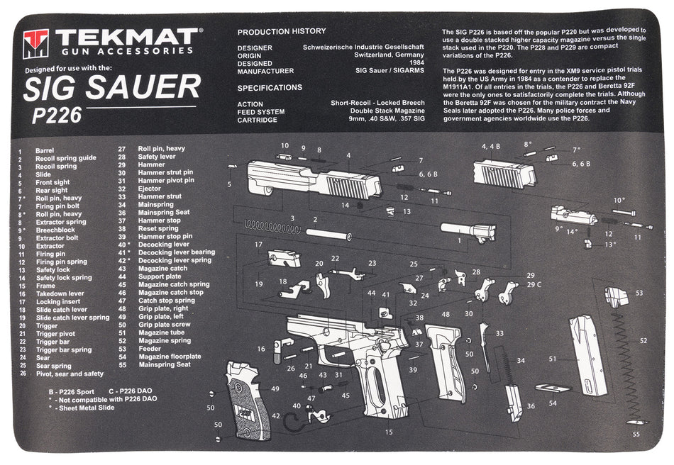TekMat SIG P226 Padded Gun Cleaning Mat 11"x17" Gray/White Rubber with Parts Diagram