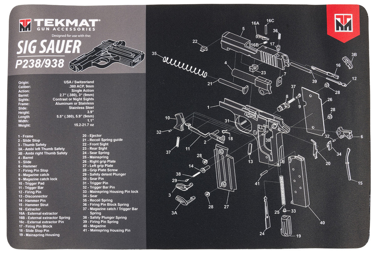 TekMat SIG P238 Padded Gun Cleaning Mat 11"x17" Black/Gray Rubber with Parts Diagram