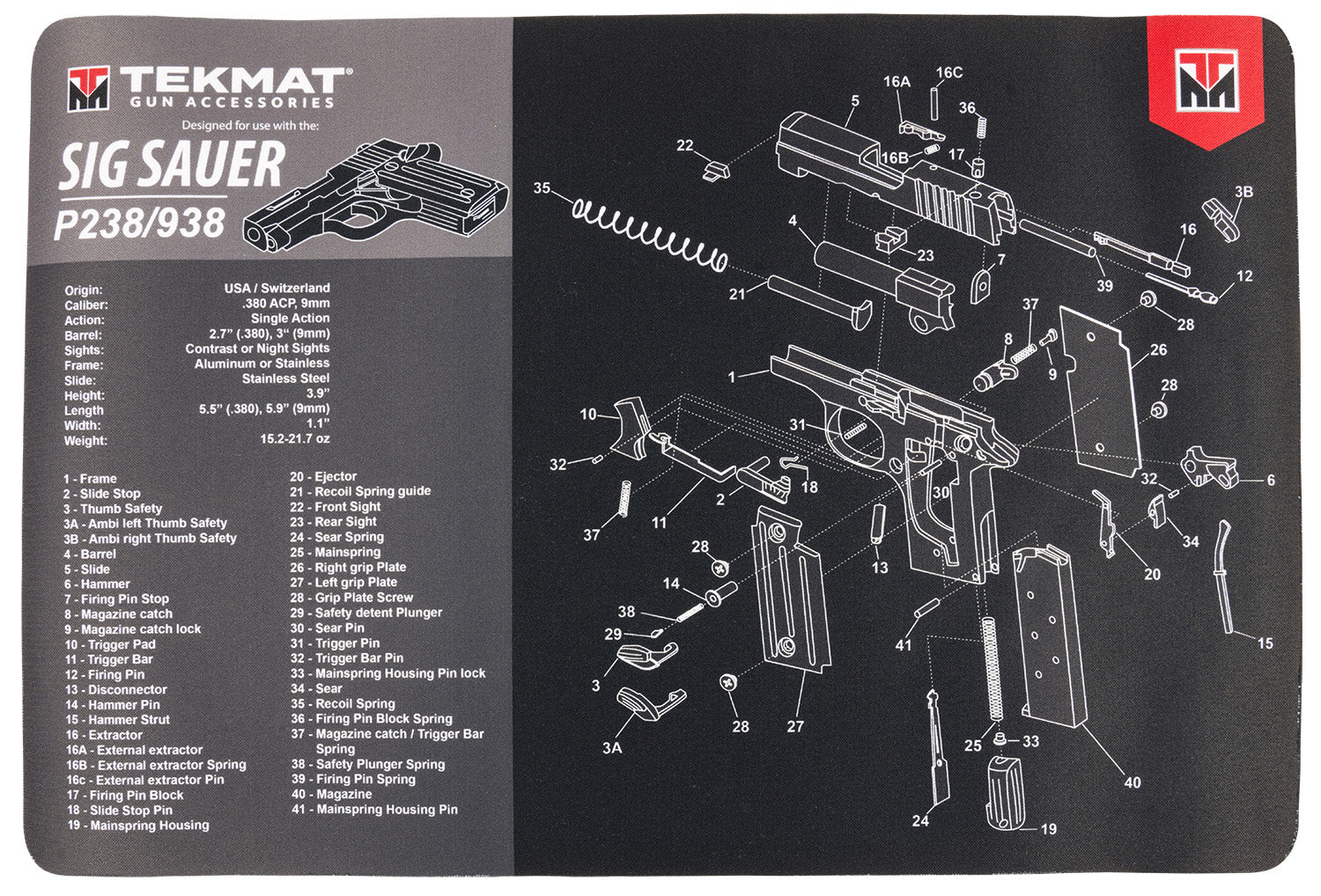 TekMat SIG P238 Padded Gun Cleaning Mat 11"x17" Black/Gray Rubber with Parts Diagram