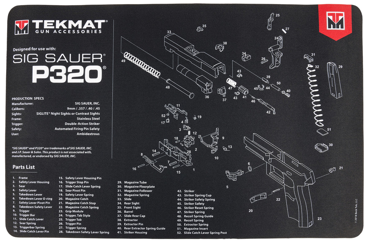 TekMat SIG P320 Padded Gun Cleaning Mat 11"x17" Black/White Rubber with Parts Diagram