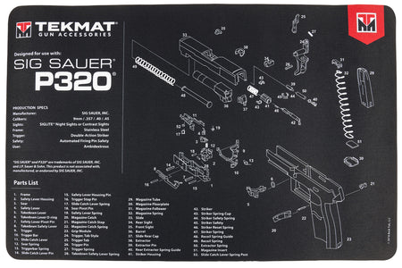 TekMat SIG P320 Padded Gun Cleaning Mat 11"x17" Black/White Rubber with Parts Diagram