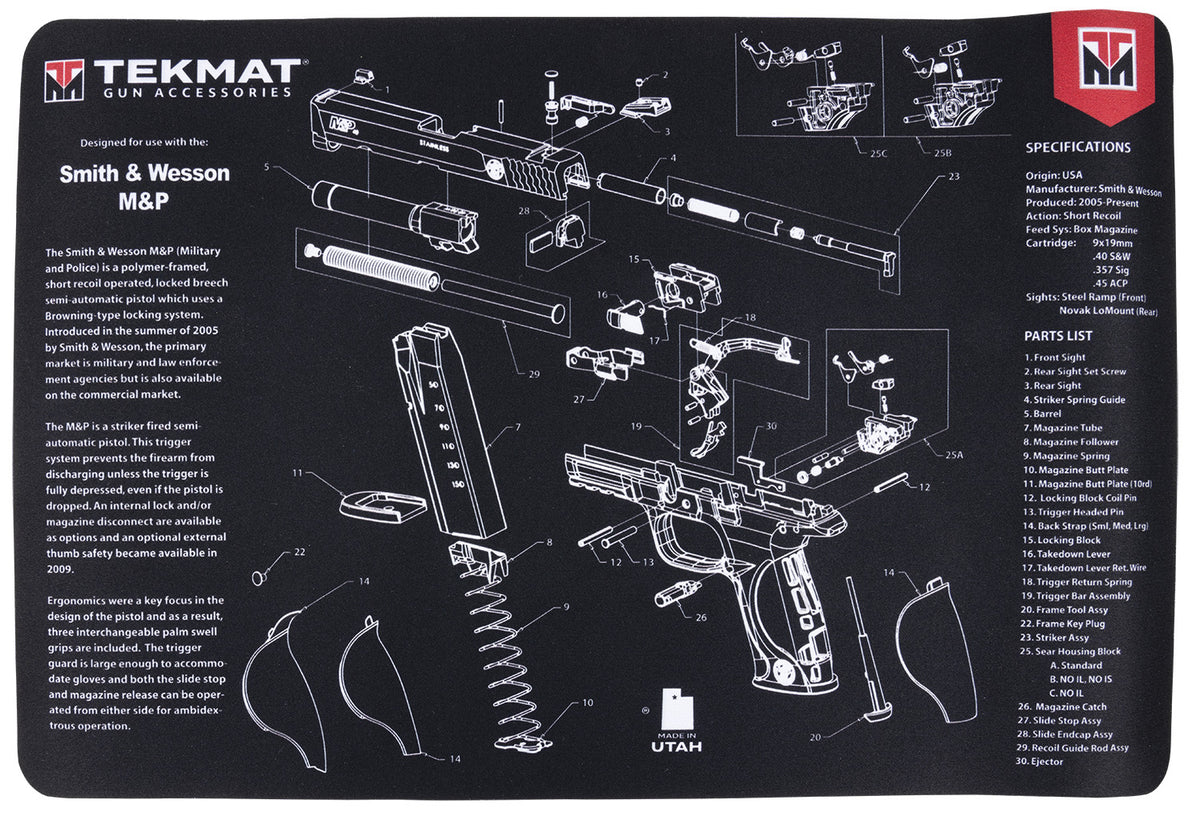 TekMat Smith & Wesson M&P Parts Diagram Cleaning Mat Black/Gray 11"x17"