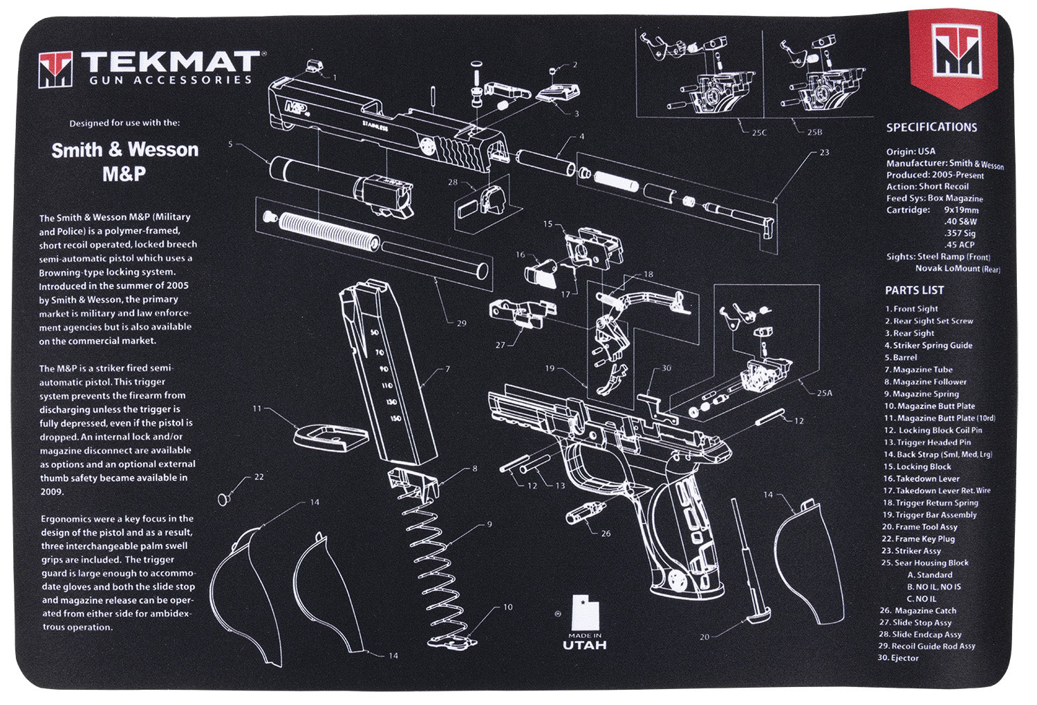 TekMat Smith & Wesson M&P Parts Diagram Cleaning Mat Black/Gray 11"x17"