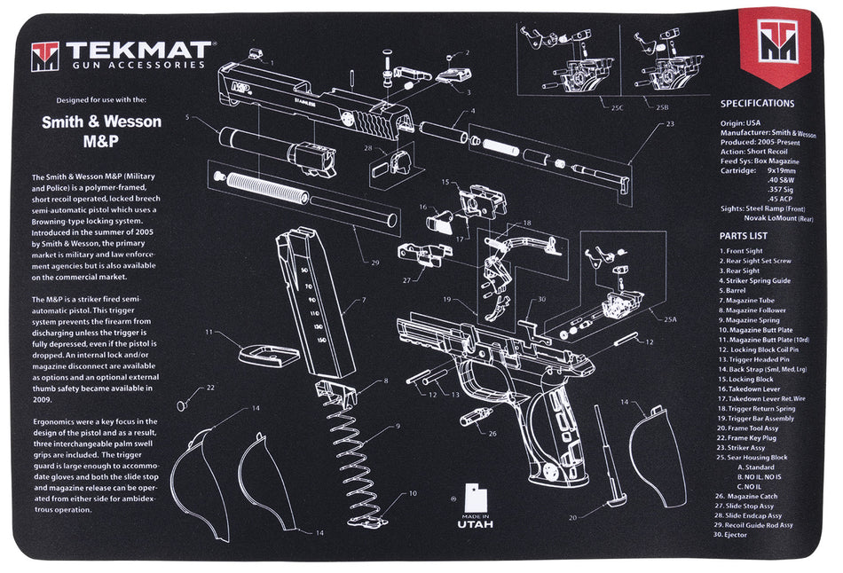 TekMat Smith & Wesson M&P Parts Diagram Cleaning Mat Black/Gray 11"x17"