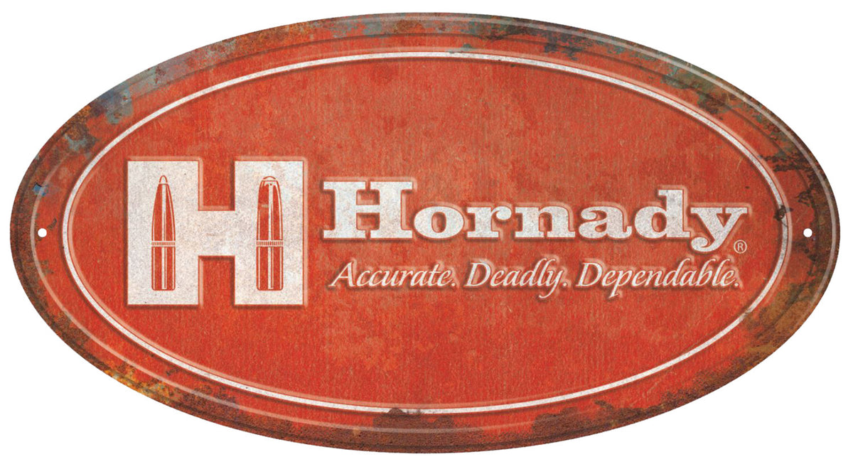 Hornady Rustic Red White Oval Sign Aluminum 12 x 18 Inches