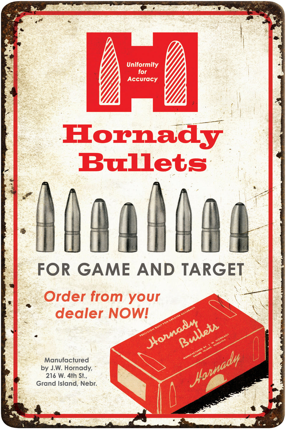 Hornady Rustic Bullets Tin Sign Red White Aluminum 12 x 18 Inch