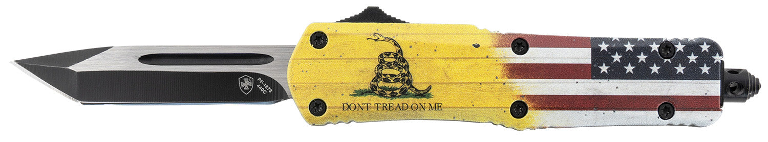 Templar Knife S-DTOM-23-1 Small OTF Gen II Don't Tread On Me 440C SS Blade with Yellow Flag Aluminum Handle and Glass Breaker