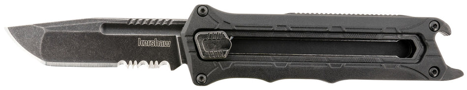 Kershaw Interstellar OTF Tanto Knife 2.70" Part Serrated 8Cr13MoV Steel, Black Glass-Filled Nylon Handle, Integrated Bottle Opener, Pocket Clip